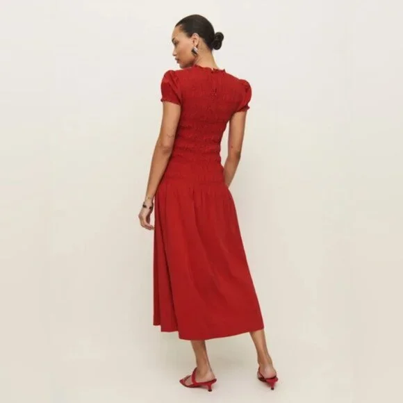 NEW Reformation Kiria Midi Drop Waist Short Sleeve Dress Lipstick Red | size 0 - Picture 3 of 14